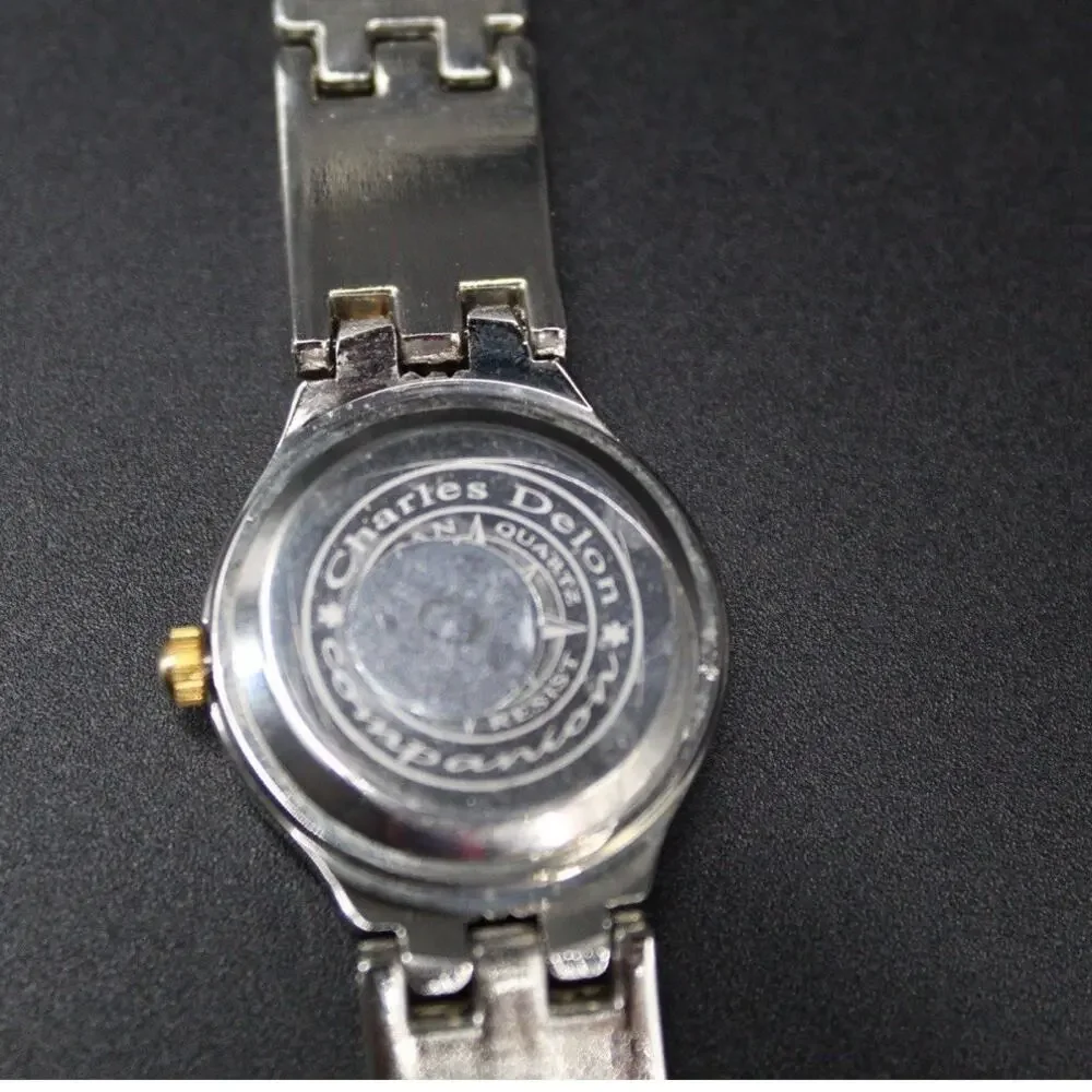 Charles Delon Black Dial Round Silver Tone Case Two Tone Band Watch New battery